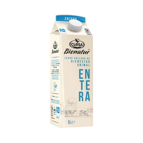CLESA Leche de vaca entera procedente de vacas gallegas con bienestar animal Bienatur 1 l.