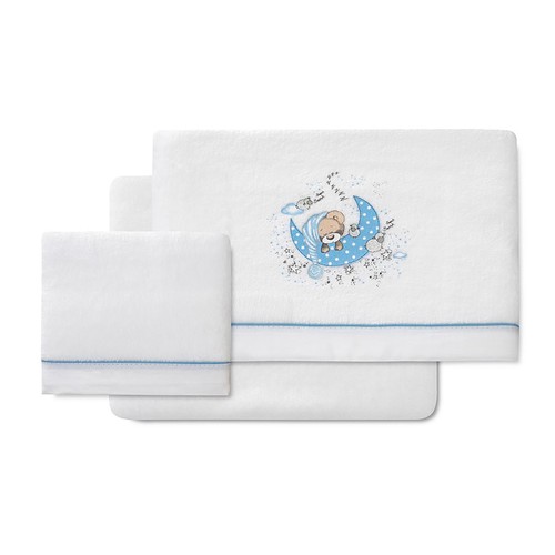 Tríptico de cuna en color blanco y detalles en azul, diseño de oso.