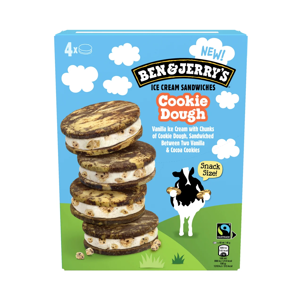 BEN & JERRY´S Cookie dough Sándwich de helado de vainilla con trocitos crujientes de masa de galleta 4 x 68 ml.