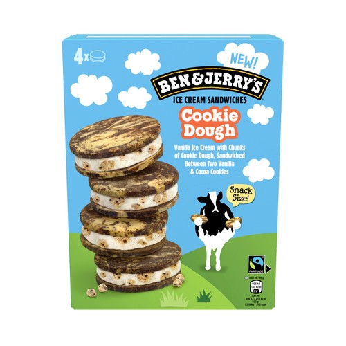 BEN & JERRY´S Cookie dough Sándwich de helado de vainilla con trocitos crujientes de masa de galleta 4 x 68 ml.