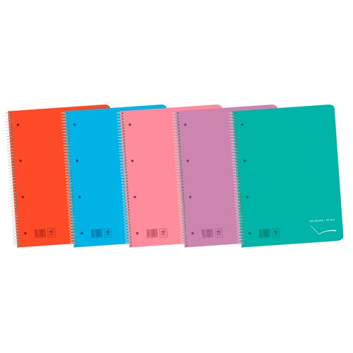 Cuaderno A4 con tapa de plástico, 120 hojas, 90 gr, surtido de colores, ALCAMPO.