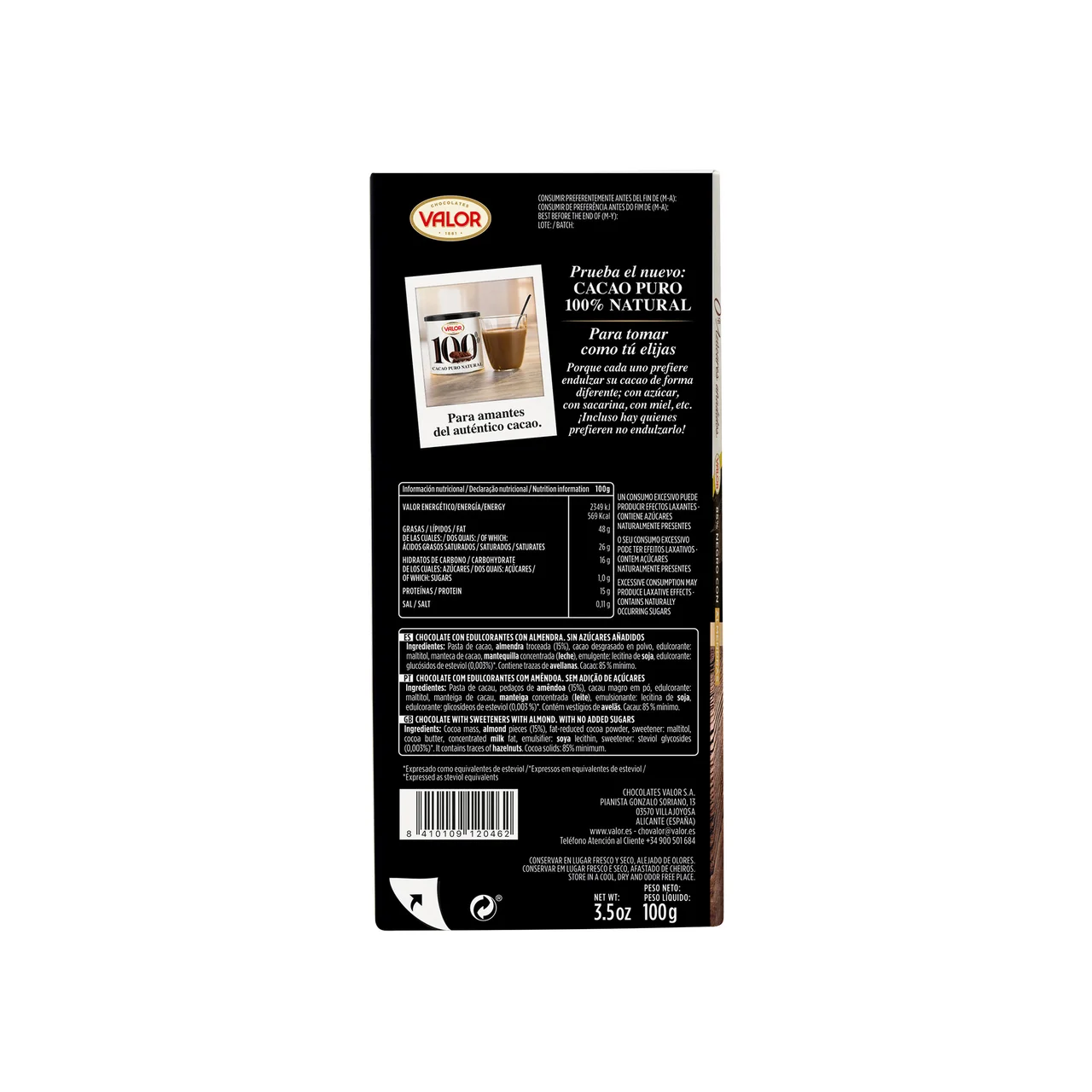 Chocolate negro (85 % cacao) con almendras troceadas 100 g.