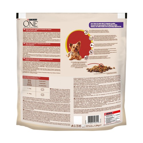 PURINA ONE Comida para perros adultos de raza pequeña a base de salmón y arroz PURINA ONE MINI 1,5 kilo.