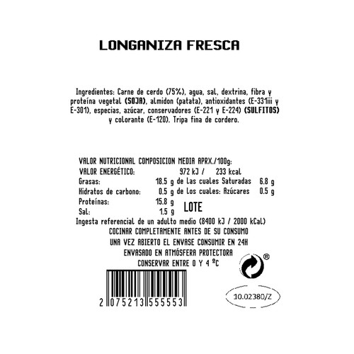 Longaniza fresca blanca de cerdo, tipo salchichas, elaboradas sin gluen ni lactosa MONTFOIX