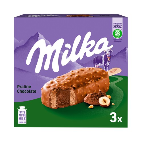 MILKA Bombón helado sabor avellana, con trocitos de avellana tostadas, recubierto chocolate con leche 3 x 90 ml.