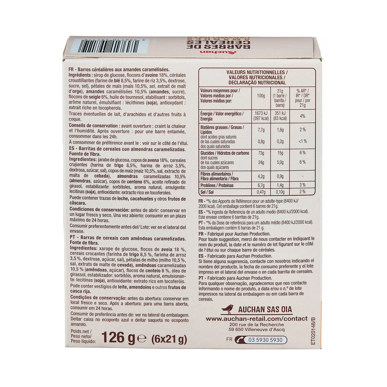 PRODUCTO ALCAMPO Barritas de cereales con almendras caramelizadas 126 g