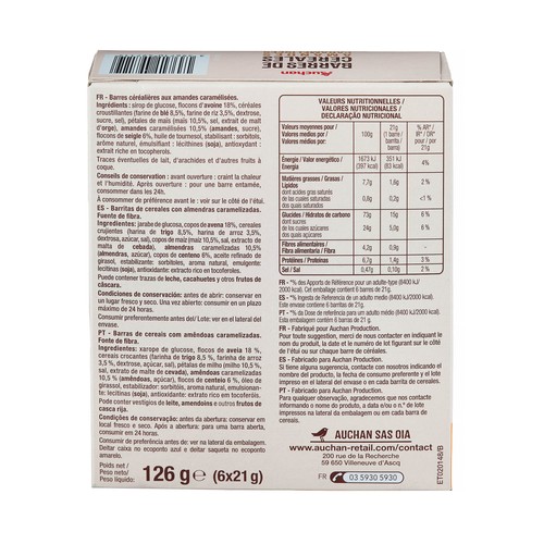 PRODUCTO ALCAMPO Barritas de cereales con almendras caramelizadas 126 g