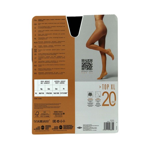 Panty transparente mate, 20den, POMPEA, color negro, talla XL.