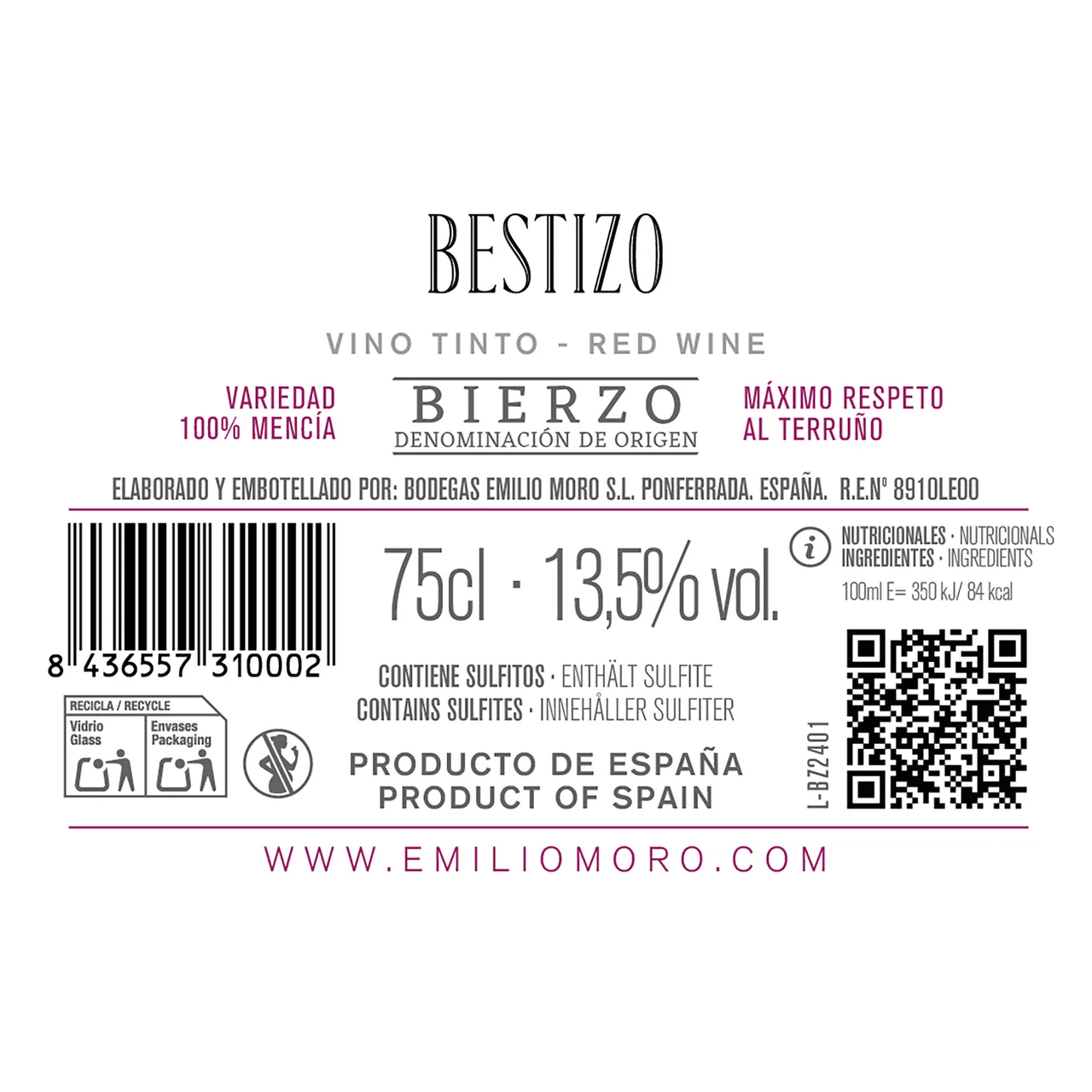 BESTIZO Vino tinto con D.O. Bierzo botella 75 cl.