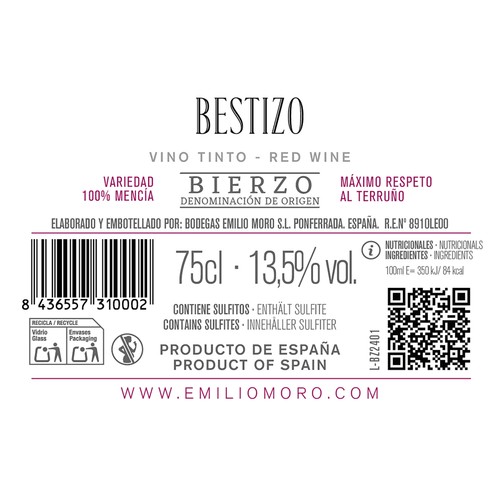BESTIZO Vino tinto con D.O. Bierzo botella 75 cl.