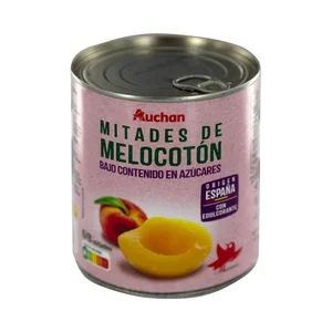 PRODUCTO ALCAMPO Melocotón de origen español cortados en mitades y con bajo contenido en azúcares lata de 480 g.