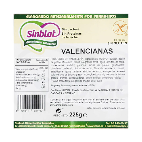 SINBLAT Magdalenas Valencianas sin gluten SINBLAT, 225 g.