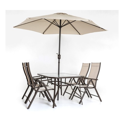 Conjunto de muebles de jardín 4 plazas con mesa, sombrilla y 4 sillas plegables, color Beige y Marrón, Mojácar IKUNIK