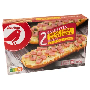 AUCHAN Baguettes de jamón cocido ahumado y queso Edam 2 x 125 g. Producto Alcampo