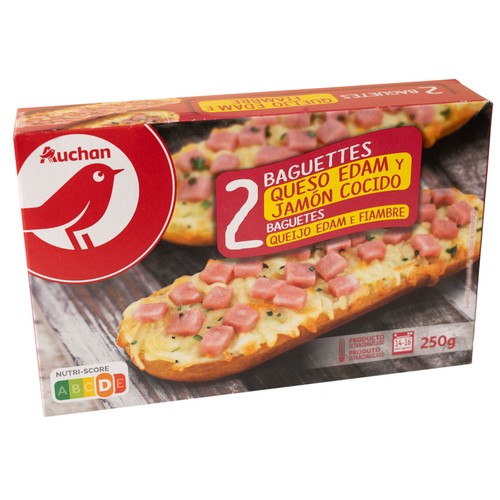 AUCHAN Baguettes de jamón cocido ahumado y queso Edam 2 x 125 g. Producto Alcampo