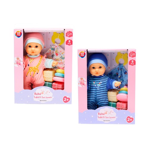 Muñeco bebé de 30cm + juguetes y accesorios ONE TWO FUN ALCAMPO, modelos surtidos, 8 piezas +2 años.