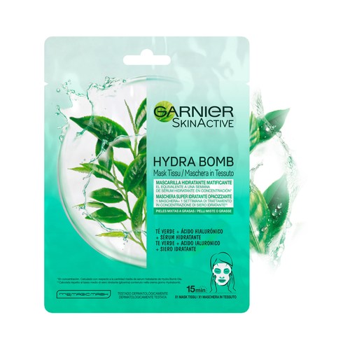 GARNIER Skin Active Mascarilla de tela Hydra Bomb, hidratante matificante.