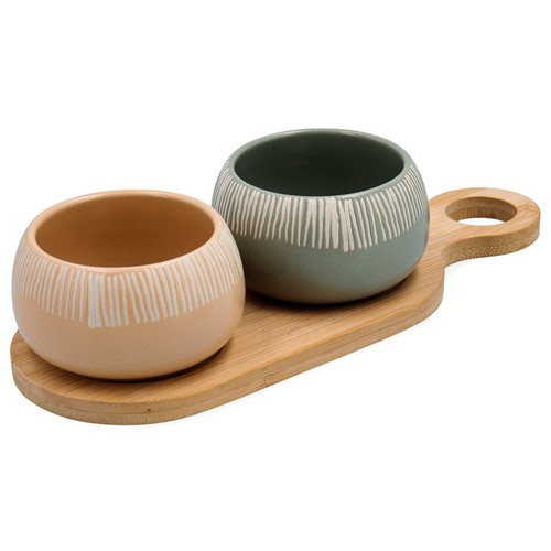 Tabla de bambú con 2 boles de loza de 8,5x4,7cm, BIDASOA.