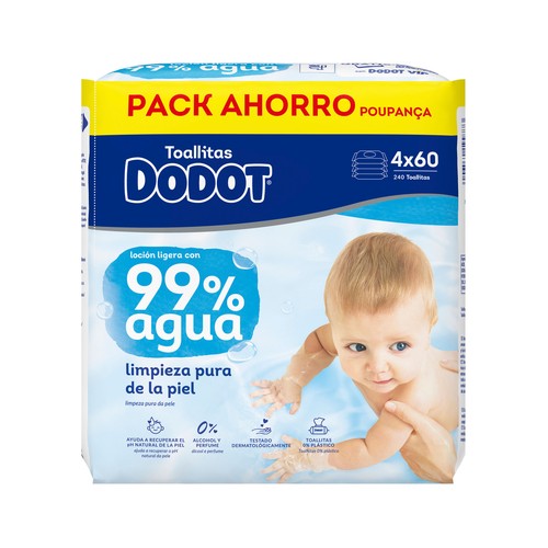 DODOT Aqua Toallitas húmedas para bebé, 99% agua 4 x 60 uds.
