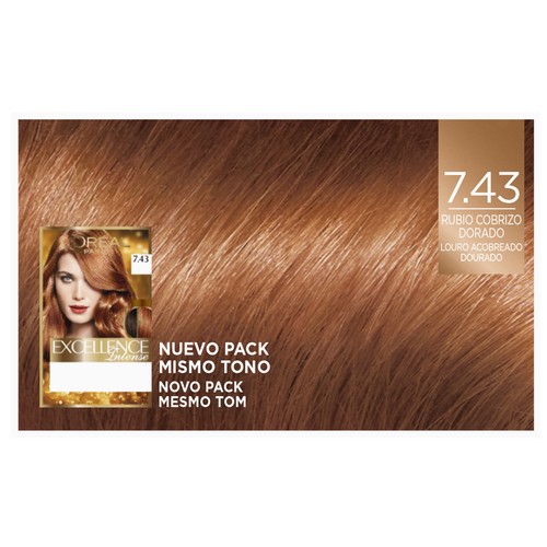 L´ORÉAL PARIS Excellence intense Tinte de pelo permanente tono 7.43 Rubio cobrizo dorado.