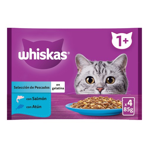 WHISKAS Pienso húmedo para gatos bolsa pescado gelatina 4x85 gr.