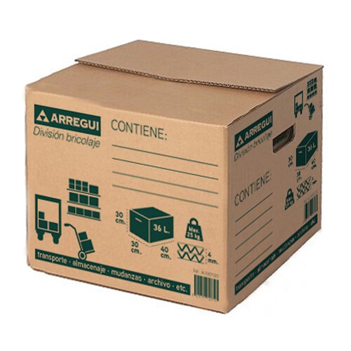 Caja de cartón de color marrón con capacidad para 36 litros y medidas 40x30x30 centímetros ARREGUI.