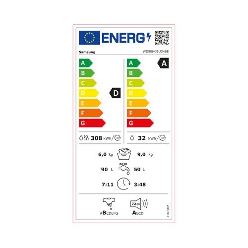 Lavadora secadora SAMSUNG WD90HG5U34BEEC lavado/secado: 9KG/6KG, clasificación energética lavado: A, clasificación energética secado: D, 1400RPM, H: 85cm, A: 60cm,F: 59cm.