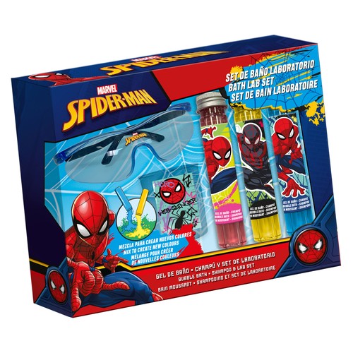 MARVEL Spiderman Estuche con gel y champú de baño en tubos de ensayo (3) + gafas + vaso mezclador.
