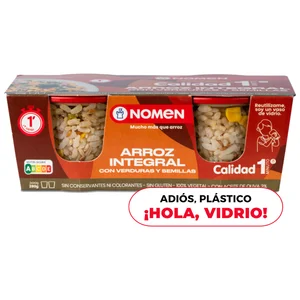 NOMEN Arroz integral con verduras, vasito para microondas 2 uds x 140 g.