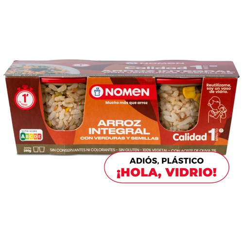 NOMEN Arroz integral con verduras, vasito para microondas 2 uds x 140 g.