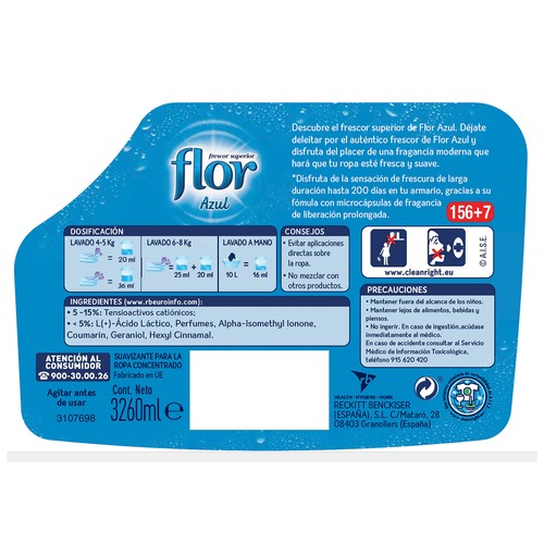FLOR Suavizante concentrado frescor Azul FLOR 163 ds. 3,26 l.