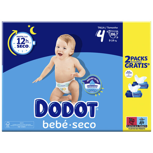 Pañales talla 4, para niños de 9 a 14 kilogramos DODOT Bebé-seco 116 uds.