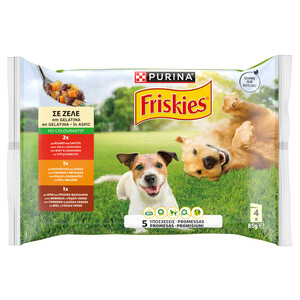 Imagen de FRISKIES Alimento de perro húmedo en bolsa de gelatina pollo, cordero, buey 4x85g
