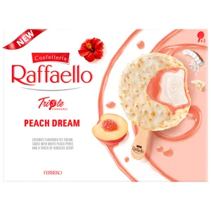 RAFFAELLO Triple experience Bombón helado de coco con melocotón y un toque de aroma a hibisco 3 x 60 ml.