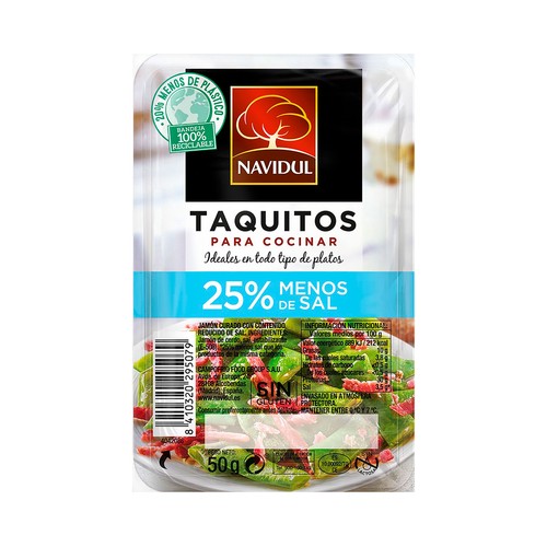 Jammón y paleta curados, reducidos en sal y cortado en taquitos NAVIDUL 60 g.