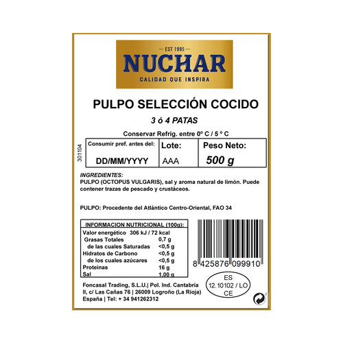 NUCHAR Pulpo cocido patas selección productos del mar NUCHAR 500 g.
