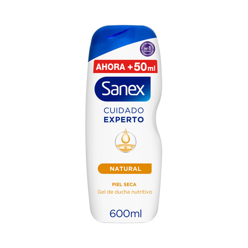 Gel nutritivo para baño o ducha, para pieles secas SANEX Cuidado experto natural 600 ml.
