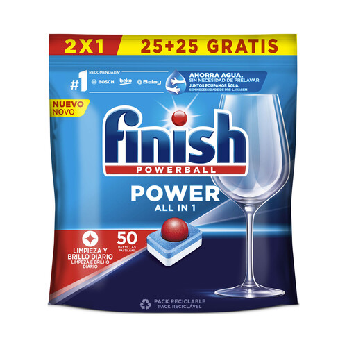 FINISH Detergente lavavajillas a máquina todo en uno FINISH Power 25 + 25 gratis cápsulas, 800 g.