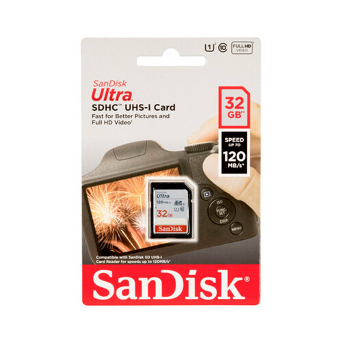 Tarjeta de memoria SANDISK ULTRA, SDHC, capacidad 32GB, alta velocidad, 120MB/S, clase 10.