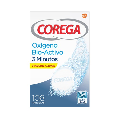 COREGA Limpiador ultra rápido para prótesis totales y parciales COREGA Oxígeno bio-activo 108 uds.