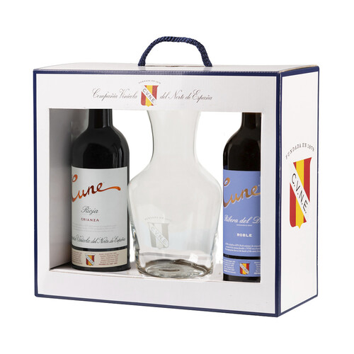 CUNE Estuche con botella vino tinto crianza D.O. Ca. Rioja y vino tinto roble con D.O Ribera del Duero.