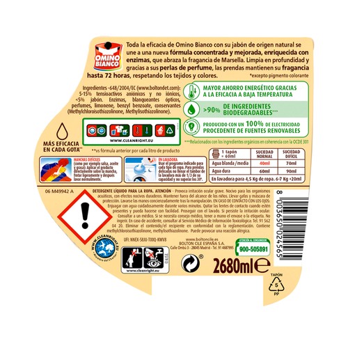 OMINO BIANCO Detergente concentrado con jabón de origen natural y aroma a jabón de Marsella 67 lav.