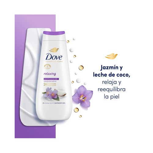 DOVE Advanced care Gel relajante para ducha o baño con leche de coco y jázmin 400 ml.