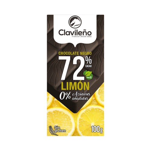 CLAVILEÑO Chocolate negro y limón 72% con Estevia 100 g.