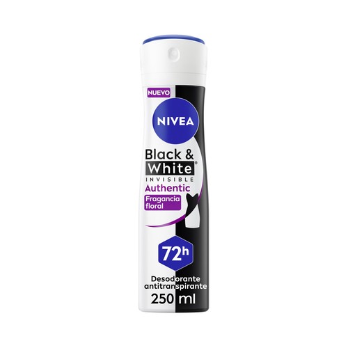NIVEA Black & white invisible authentic Desodorante en spray para mujer, antitranspirante 72 horas 250 ml.