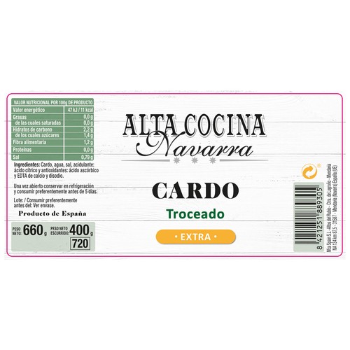 ALTA COCINA Cardo troceado al natural extra frasco de 400 g.
