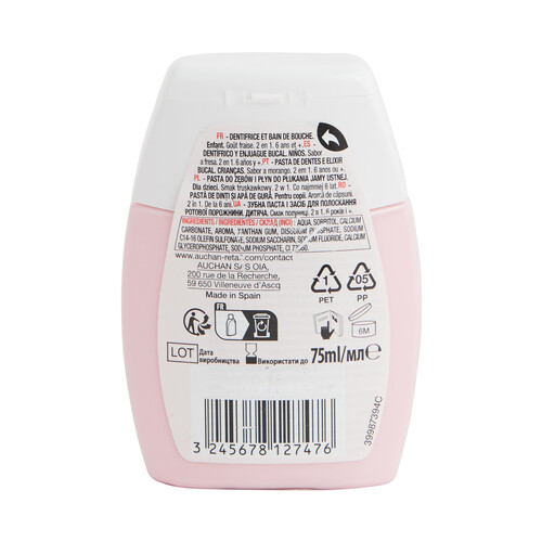 PRODUCTO ALCAMPO Pasta de dientes y enjuague bucal infantil (a partir de 6 años) con sabor a fresa PRODUCTO ALCAMPO 75 ml.