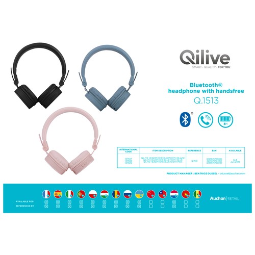 Auriculares bluetooth tipo diadema QILIVE Q1513, con micrófono, autonomía 8 horas, color negro.