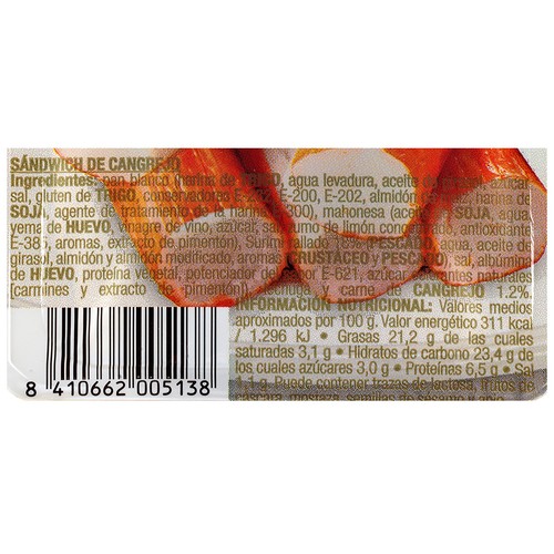 TOP LIDER Sandwich de pan blanco relleno de preparado de cangrejo TOP LIDER 180 g.