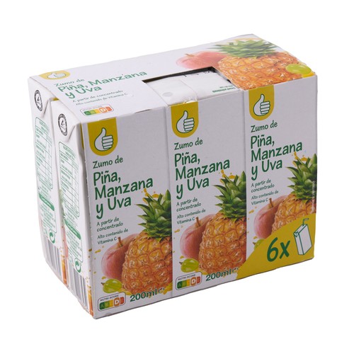 Zumo de piña, manzana y uva PRODUCTO ECONÓMICO ALCAMPO pack de 6 uds x 20 cl.